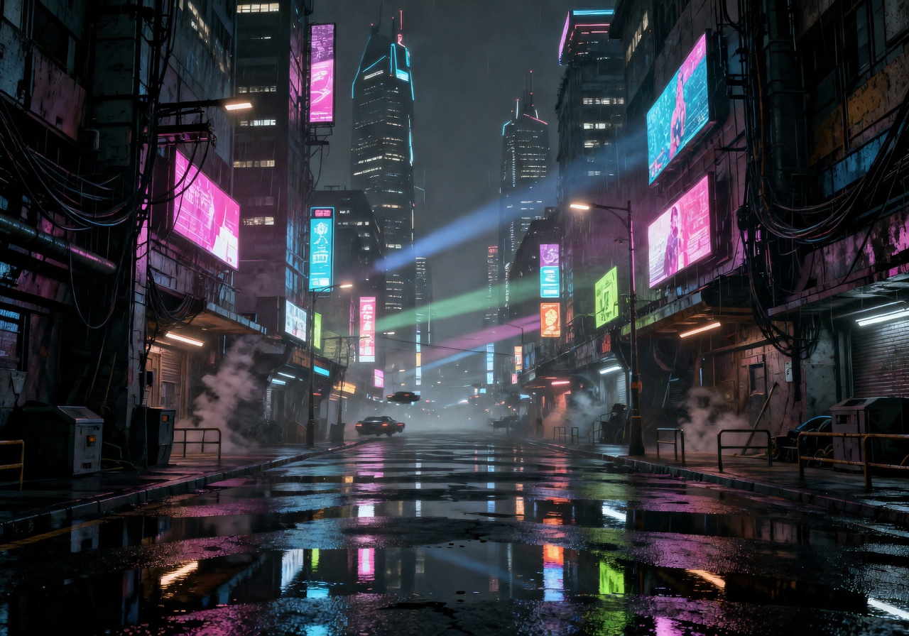 Cyberpunk city street with neon lights reflecting in puddles