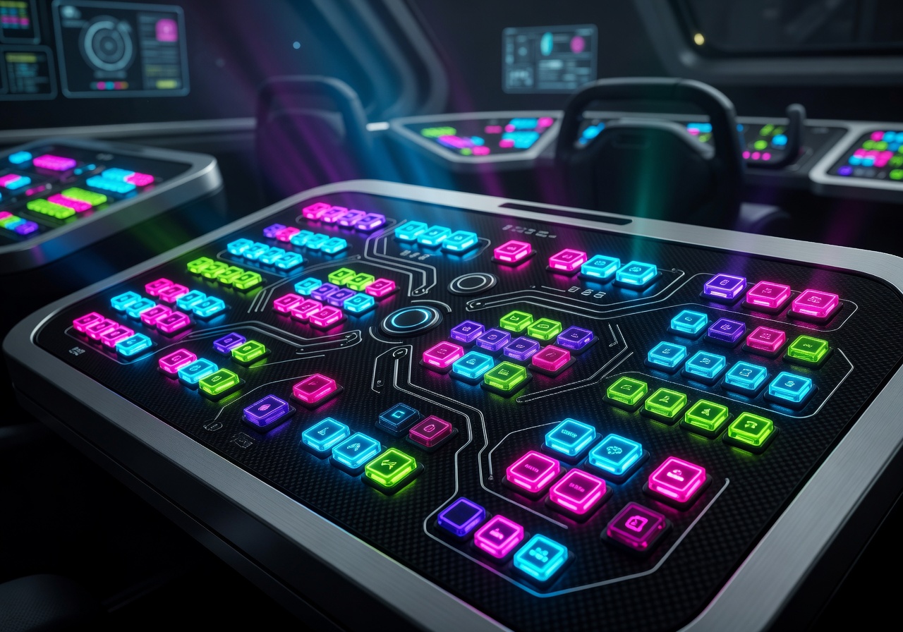 Futuristic control panel with glowing neon buttons