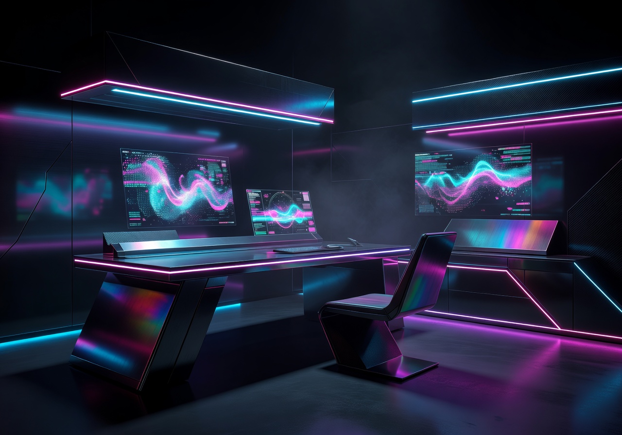 Minimal futuristic digital workspace with neon lighting and cyberpunk aesthetics